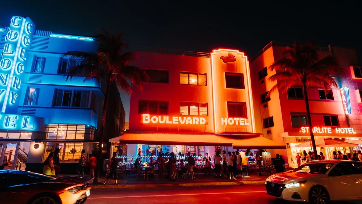 Miami's Ocean Drive at night — the real Art Deco strip that inspired Vice City.